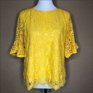 NWT Nanette Lepore yellow lace bell sleeve top